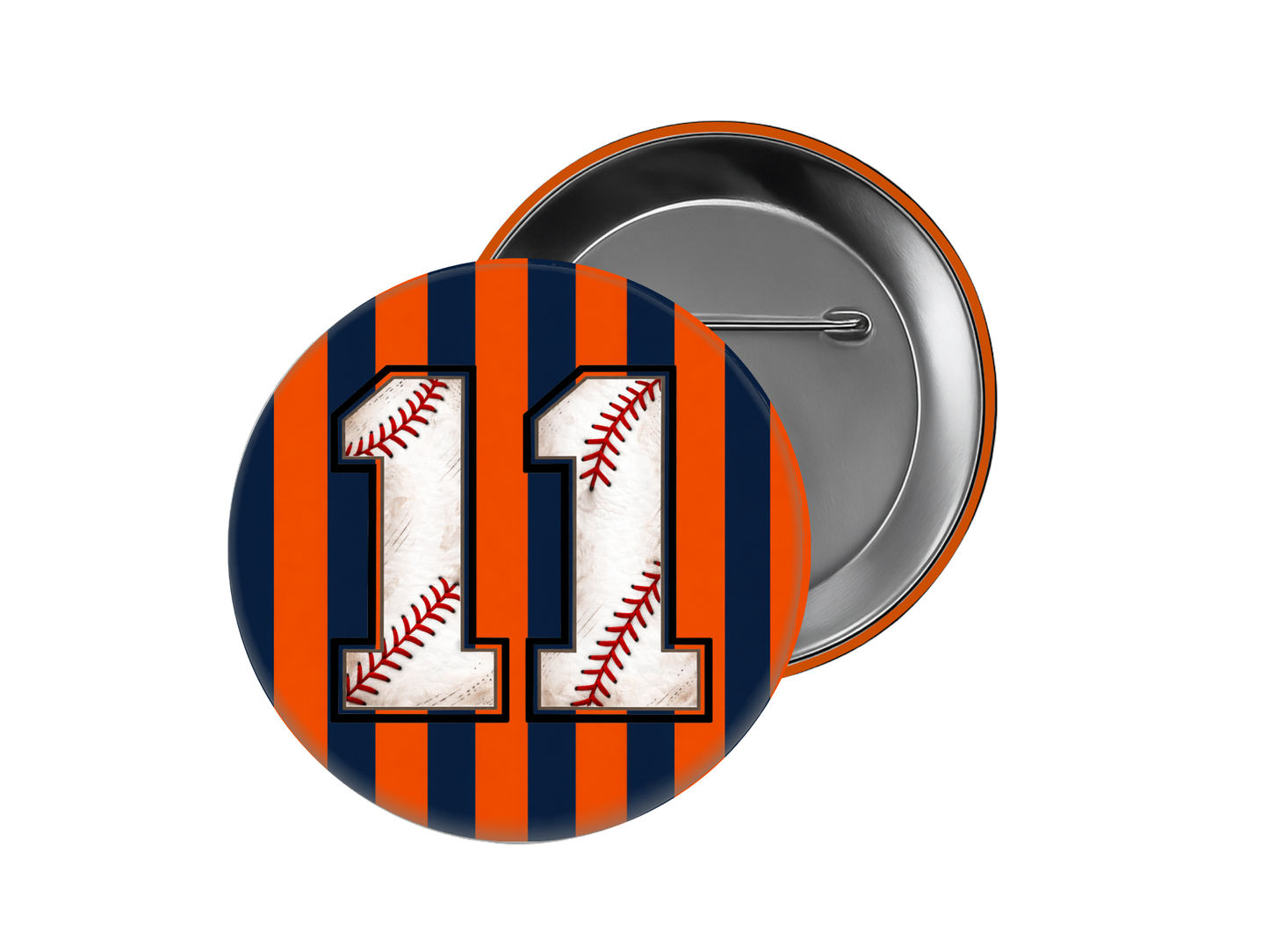 Baseball Button – Orange & Blue Stripe with Baseball Number