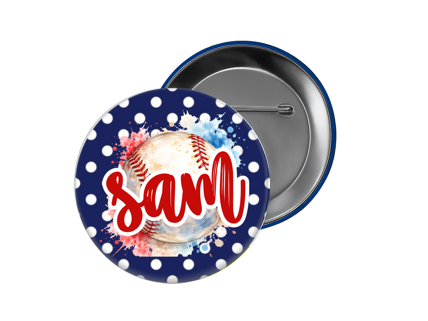 Baseball Button – Blue Polka Dot Baseball with Name